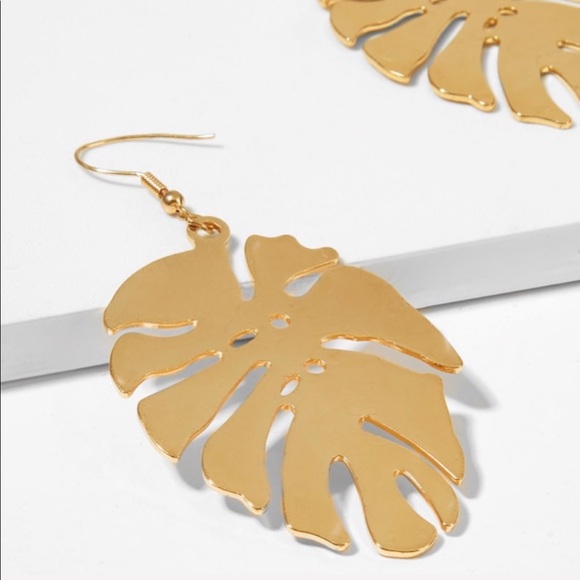 Monstera Leaf Goldtone French Wire Earrings - Picture 2 of 7